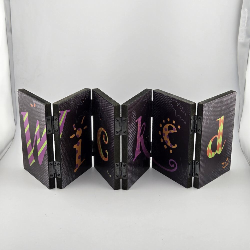 Ganz Wicked Halloween Wood Folding Screen Tabletop Sign Decor Bat Cat Spider